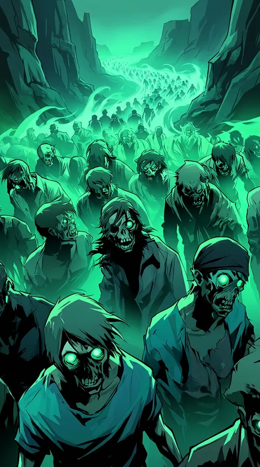 A boundless Hollow Horde surges across a twilight canyon, engulfed in eerie green dread