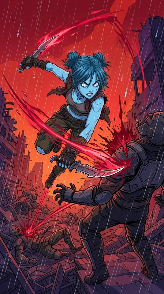 Nyx executes a brutal dive, twin claws carving through a reeling enemy beneath a blood-red sky