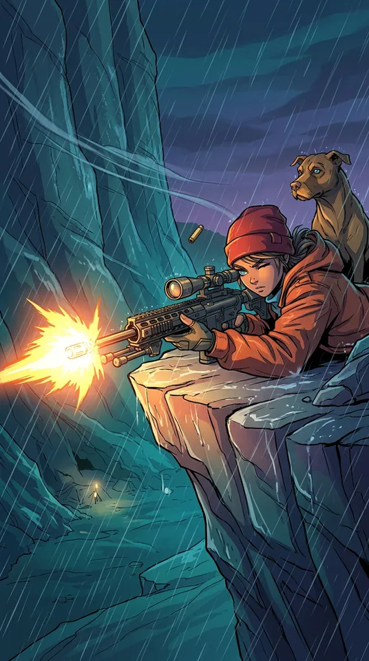 Sara takes aim from a storm-battered cliff, rifle muzzle flashing through the rain